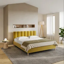 Letto matrimoniale 160x190 cm in tessuto senape con gambe in legno - Diskel
