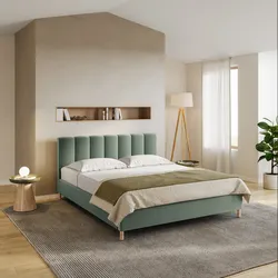 Letto matrimoniale 160x190 cm in tessuto verde salvia con gambe in legno - Diskel