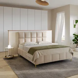 Letto matrimoniale 160x190 cm in tessuto effetto maglia beige con gambe oro e contenitore - Muzai