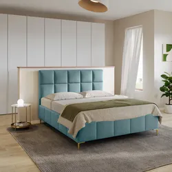 Letto matrimoniale 160x190 cm in tessuto effetto maglia verde salvia con gambe oro e contenitore - Muzai