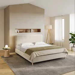 Letto matrimoniale 160x190 cm in tessuto crema con gambe in legno - Teilsh