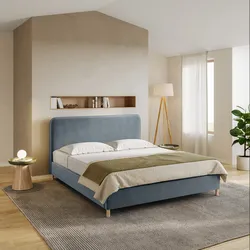 Letto matrimoniale 160x190 cm in tessuto blu polvere con gambe in legno - Teilsh