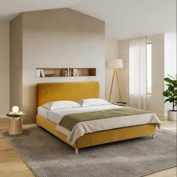 Letto matrimoniale 160x190 cm in tessuto senape con gambe in legno - Teilsh