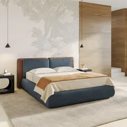 Letto matrimoniale 160x190 cm in tessuto blu polvere e similpelle caramello con contenitore - Thyldo