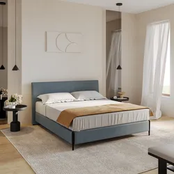Letto matrimoniale 160x190 cm in tessuto blu polvere con gambe in metallo nero lucido - Ylgor