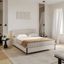 Letto matrimoniale 160x190 cm in tessuto crema con gambe in metallo nero lucido - Ylgor