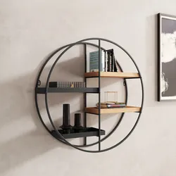 Libreria sospesa rotonda 60 cm in metallo nero e rovere chiaro - Megor