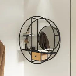 Libreria sospesa rotonda 70 cm metallo nero e rovere chiaro con specchio e 2 cassetti - Lamia