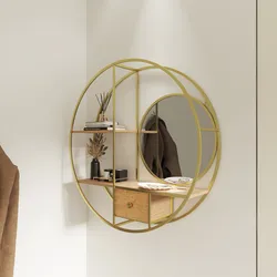 Libreria sospesa rotonda 70 cm metallo oro e rovere chiaro con specchio e 2 cassetti - Lamia