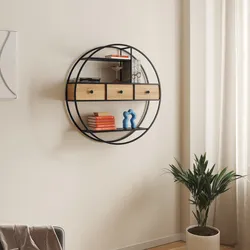 Libreria sospesa rotonda 75 cm in metallo nero e rovere chiaro con 3 cassetti - Drinci