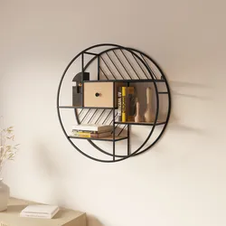 Libreria sospesa rotonda 70 cm in metallo nero e rovere chiaro con 1 cassetto - Beorn