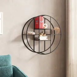 Libreria sospesa rotonda 80 cm in metallo nero e rovere chiaro - Kocen