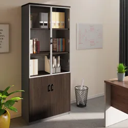 Mobile multiuso 80x200h cm in legno noce e grigio con 2 ante in legno e 2 ante in vetro e serratura - Lenox
