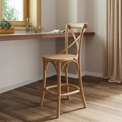 Sgabello in legno di olmo naturale con seduta in rattan - Giulietta