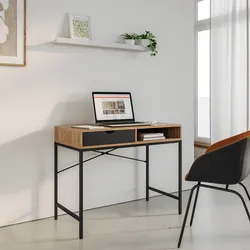 Scrivania 95x48 cm effetto rovere selvatico e acciaio nero con 1 cassetto - Tasfen