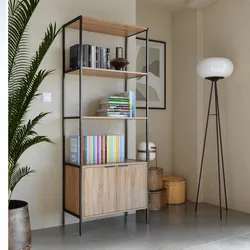 Libreria 68x176h effetto rovere selvatico con 3 ripiani e 2 ante - Shiga