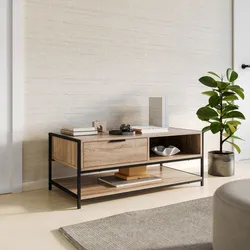 Tavolino 100x50 cm effetto rovere selvatico con 1 cassetto e vano a giorno - Lorim