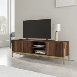 Mobile porta tv 153x48h cm noce con piedi in metallo oro bronzato e 3 ante soft close - Kyra