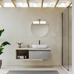 Mobile bagno sospeso 120 cm rovere bianco con cassettone grigio pietra e specchio - Balik