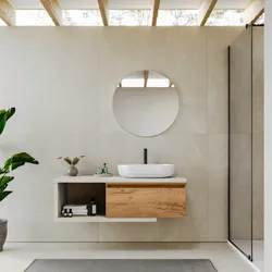 Mobile bagno sospeso 120 cm rovere bianco con cassettone rovere gold e specchio - Balik