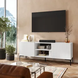 Porta tv 150x55h cm bianco con 2 ante cannettate e piedi in metallo nero - Judith