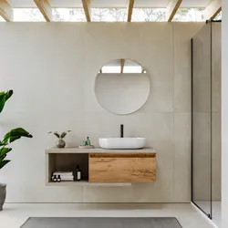 Mobile bagno sospeso 130 cm argilla con cassettone rovere gold e specchio - Balik