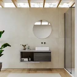 Mobile bagno sospeso 110 cm grigio pietra con cassettone rovere grigio e specchio - Balik