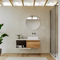 Mobile bagno sospeso 110 cm rovere bianco con cassettone rovere gold e specchio - Balik