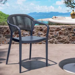 Sedia impilabile da giardino con braccioli in polipropilene blu oceano e schienale in corda - Kila