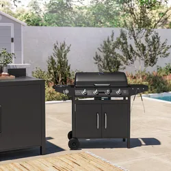 Barbecue a gas 4 fuochi 122x53x97h cm in acciaio antracite con ruote e griglia - Poseidone