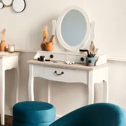 Consolle 74x135h cm in legno bianco e naturale con specchio e 3 cassetti