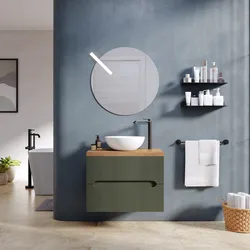Mobile bagno sospeso 60 cm cannettato con cassetti verde cemento e top rovere gold - Tayga
