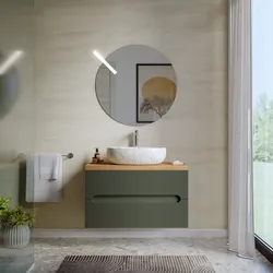 Mobile bagno sospeso 90 cm cannettato con cassetti verde cemento e top rovere gold - Tayga