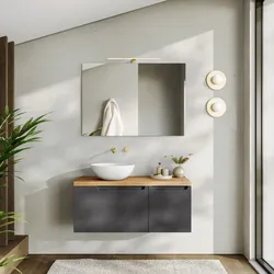 Mobile bagno sospeso 100 cm antracite cannettato con top rovere gold e specchio - Konai