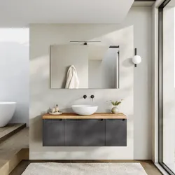 Mobile bagno sospeso 120 cm antracite cannettato con top rovere gold e specchio - Konai