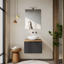 Mobile bagno sospeso 60 cm antracite cannettato con top rovere gold e specchio - Konai