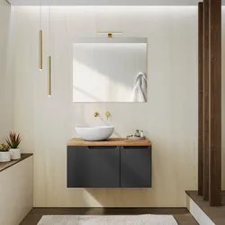 Mobile bagno sospeso 80 cm antracite cannettato con top rovere gold e specchio - Konai
