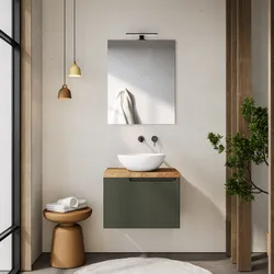 Mobile bagno sospeso 60 cm verde cemento cannettato con top rovere gold e specchio - Konai