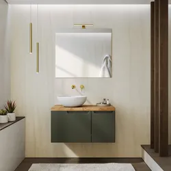 Mobile bagno sospeso 80 cm verde cemento cannettato con top rovere gold e specchio - Konai