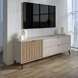 Porta TV 183x60h cm cashmere con 2 cassetti e 1 anta effetto cannettato rovere - Irina