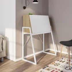 Scrivania salvaspazio 85x45 cm in legno rovere e bianco con piano richiudibile a ribalta e struttura in acciaio - Linus