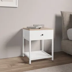 Comodino 40x51h cm in acciaio bianco e top rovere con cassetto e ripiano - Sheryl