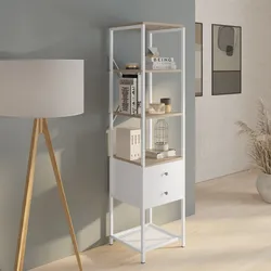 Mobile multiuso 40x160h cm in acciaio bianco e rovere con ripiani e 2 cassetti - Sheryl