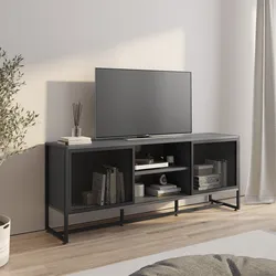 Mobile porta tv 155x36 cm in acciaio antracite e nero con ante scorrevoli - Sheryl