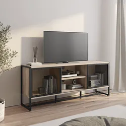 Mobile porta tv 155x36 cm in acciaio nero e rovere con ante scorrevoli - Sheryl