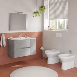 Bagno completo con mobile bagno sospeso 80 cm grigio pietra 2 cassetti e anta con specchio sanitari e miscelatori - Davis