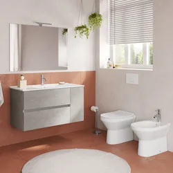 Bagno completo con mobile bagno sospeso 100 cm grigio pietra 2 cassetti e anta con specchio sanitari e miscelatori - Davis