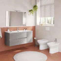 Bagno completo con mobile sospeso 120 cm grigio pietra 2 cassetti e anta con specchio sanitari e miscelatori - Davis