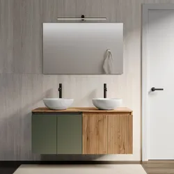 Mobile bagno sospeso 120 cm verde cemento con top rovere gold e specchio - Neko