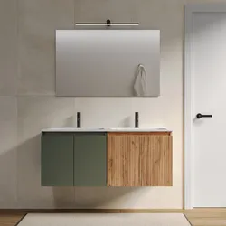 Mobile bagno sospeso 120 cm verde cemento e rovere gold con lavabo e specchio - Neko